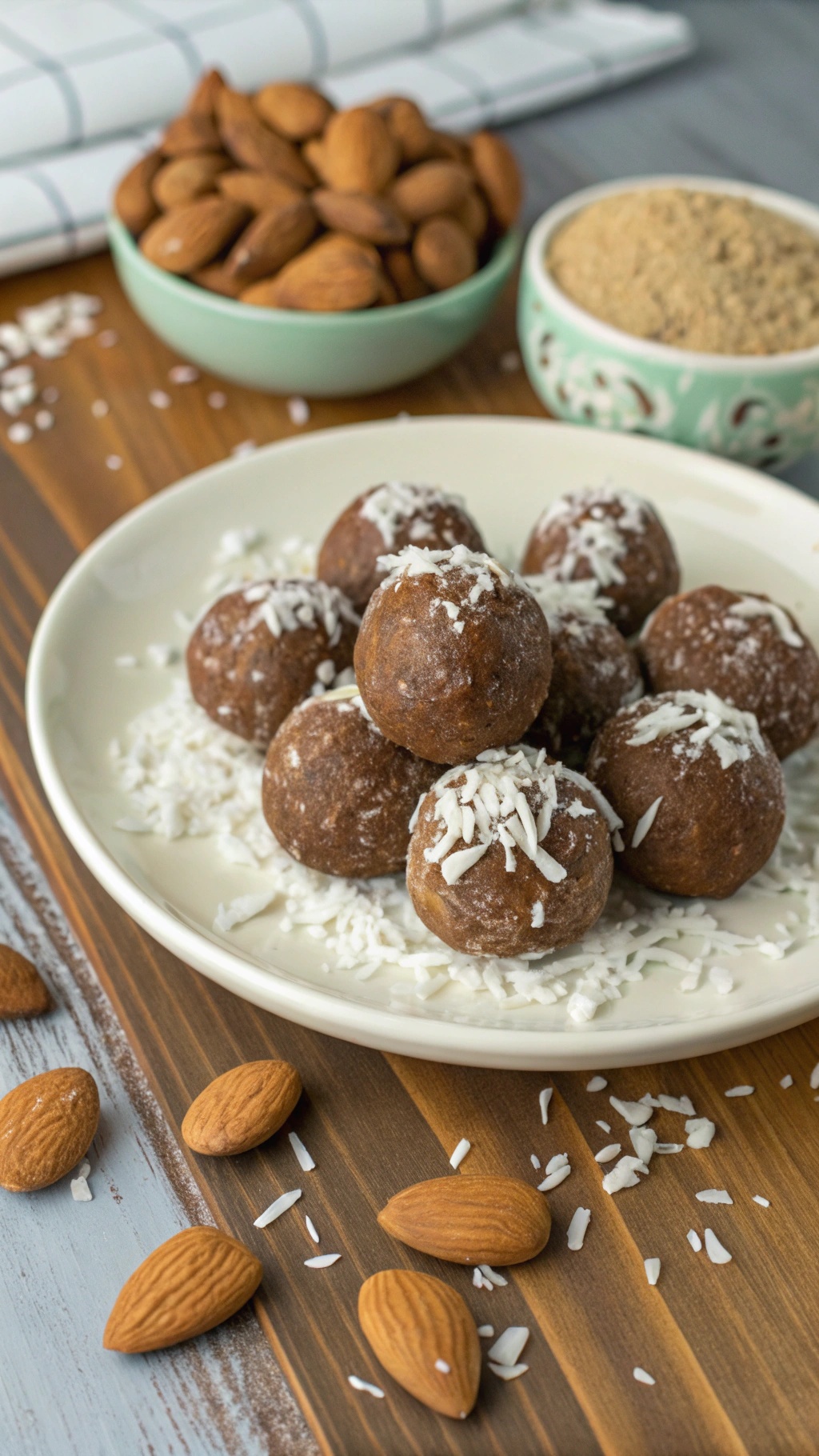 A plate of Almond Joy Energy Balls topped with shredded coconut and surrounded by almonds.