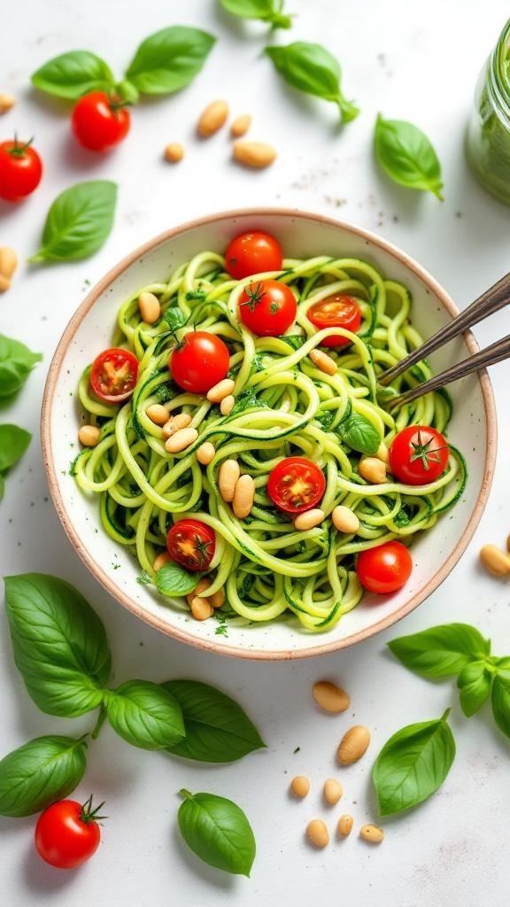A bowl of zucchini noodles topped with pesto, cherry tomatoes, and pine nuts, surrounded by fresh basil leaves.