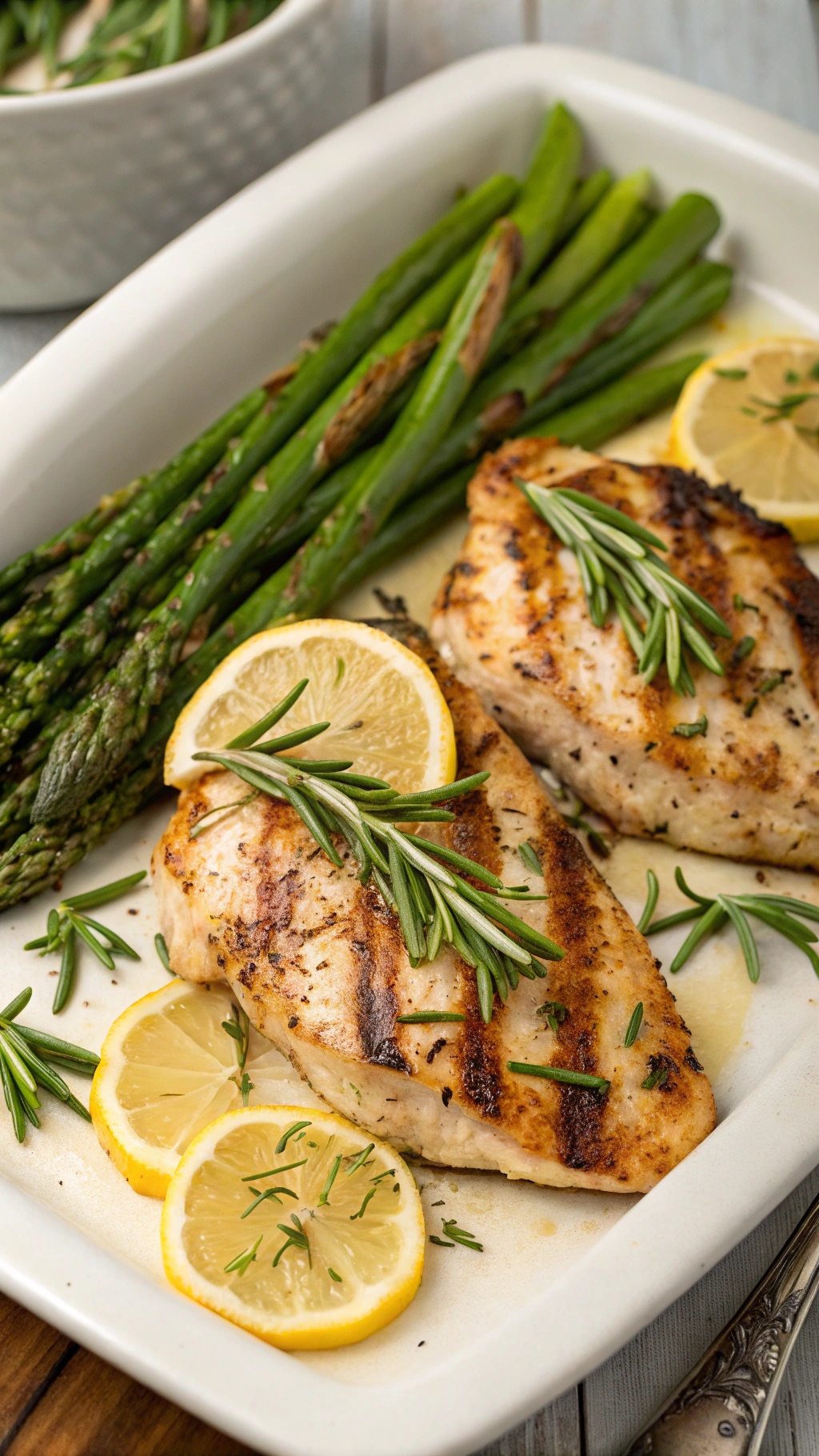Grilled lemon herb chicken served with asparagus and lemon slices