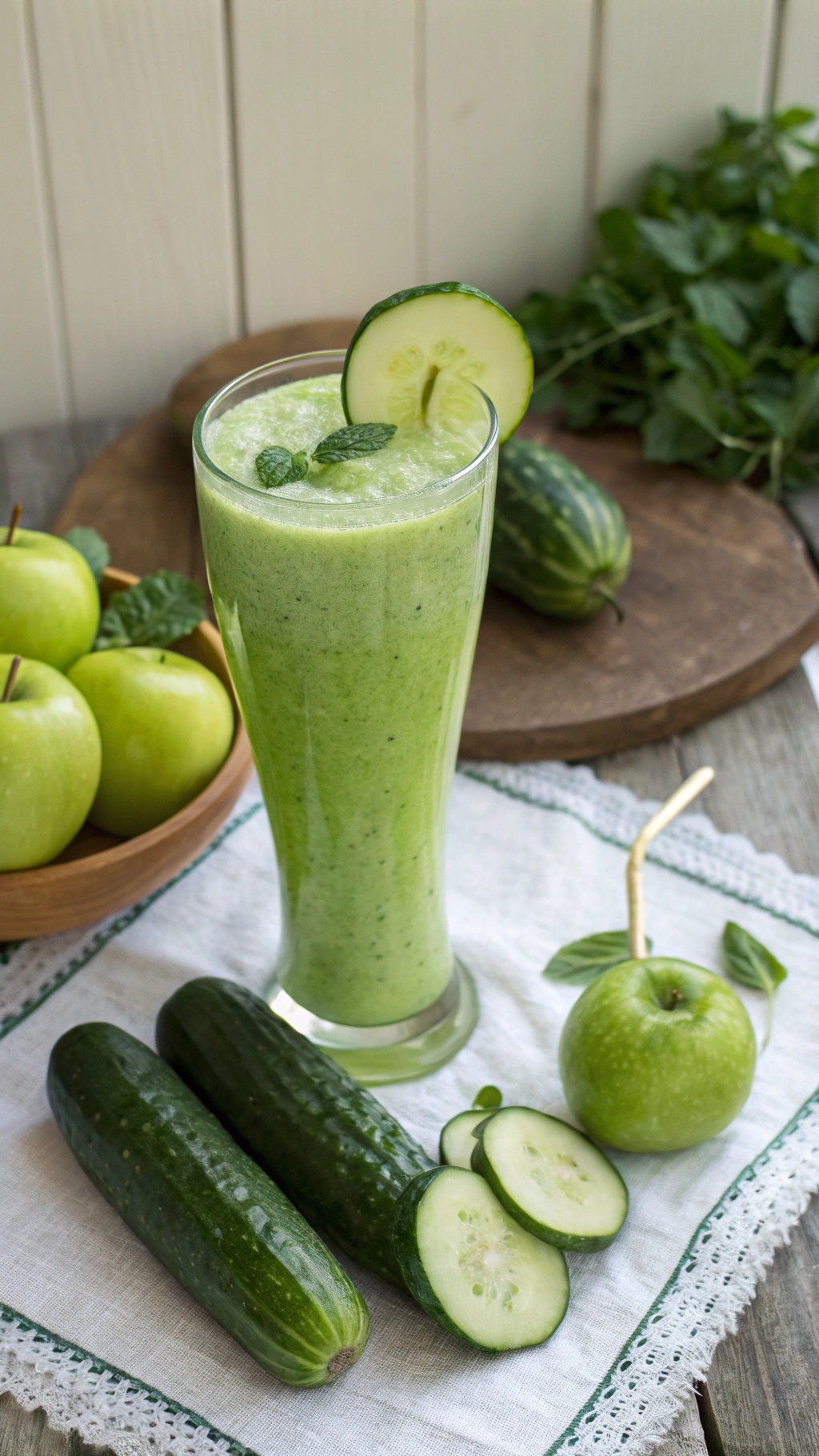 A refreshing cucumber and green apple smoothie in a tall glass, garnished with cucumber and mint, surrounded by fresh cucumbers and green apples.