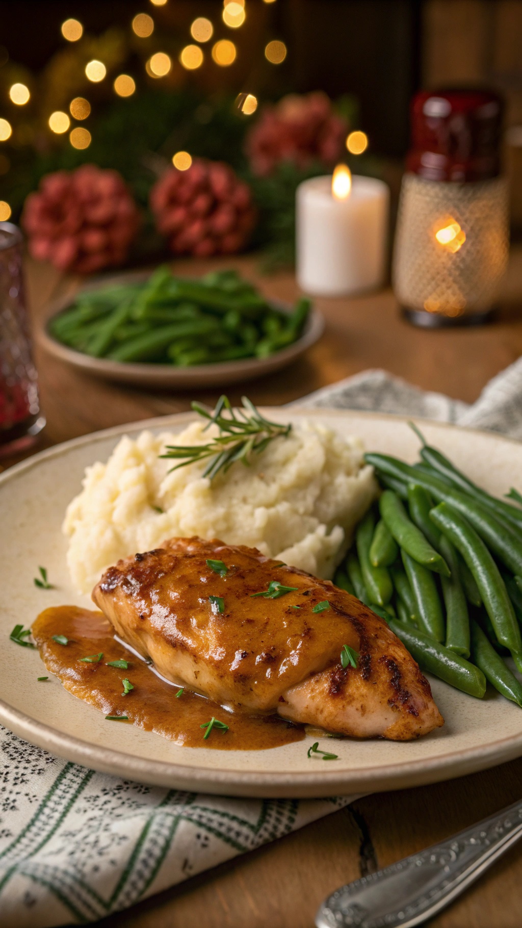 A plate of Maple Dijon Chicken served with mashed potatoes and green beans, set in a cozy, candlelit atmosphere.