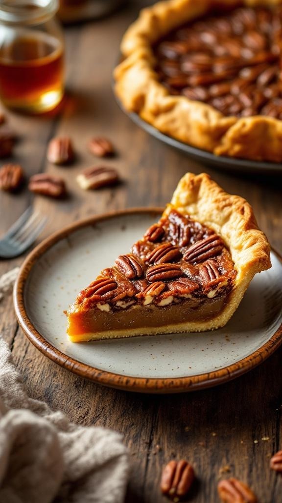 Slice of maple pecan pie on a plate with whole pie in the background