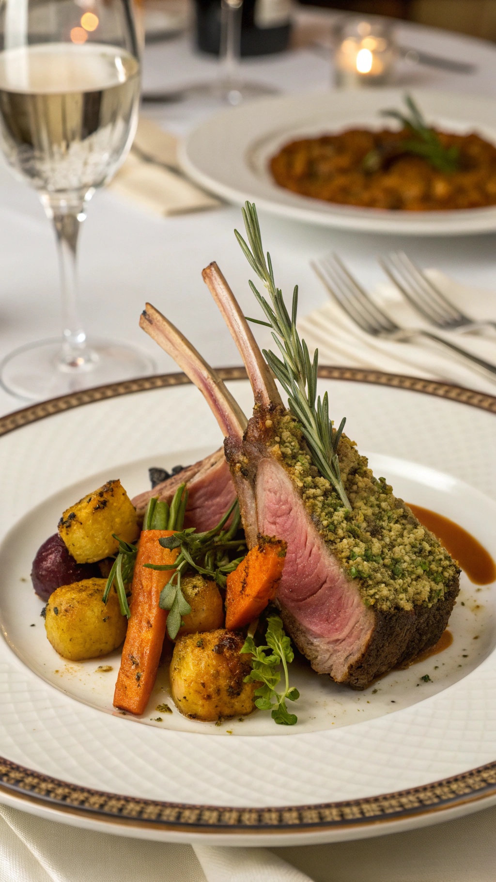 A beautifully plated herb-crusted rack of lamb with roasted vegetables and a glass of white wine.