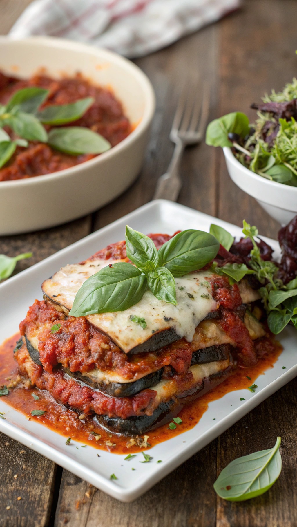 A serving of vegan eggplant parmesan garnished with basil, served with a side salad.