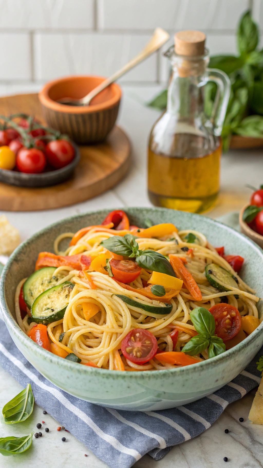 A bowl of pasta primavera with colorful vegetables and fresh basil