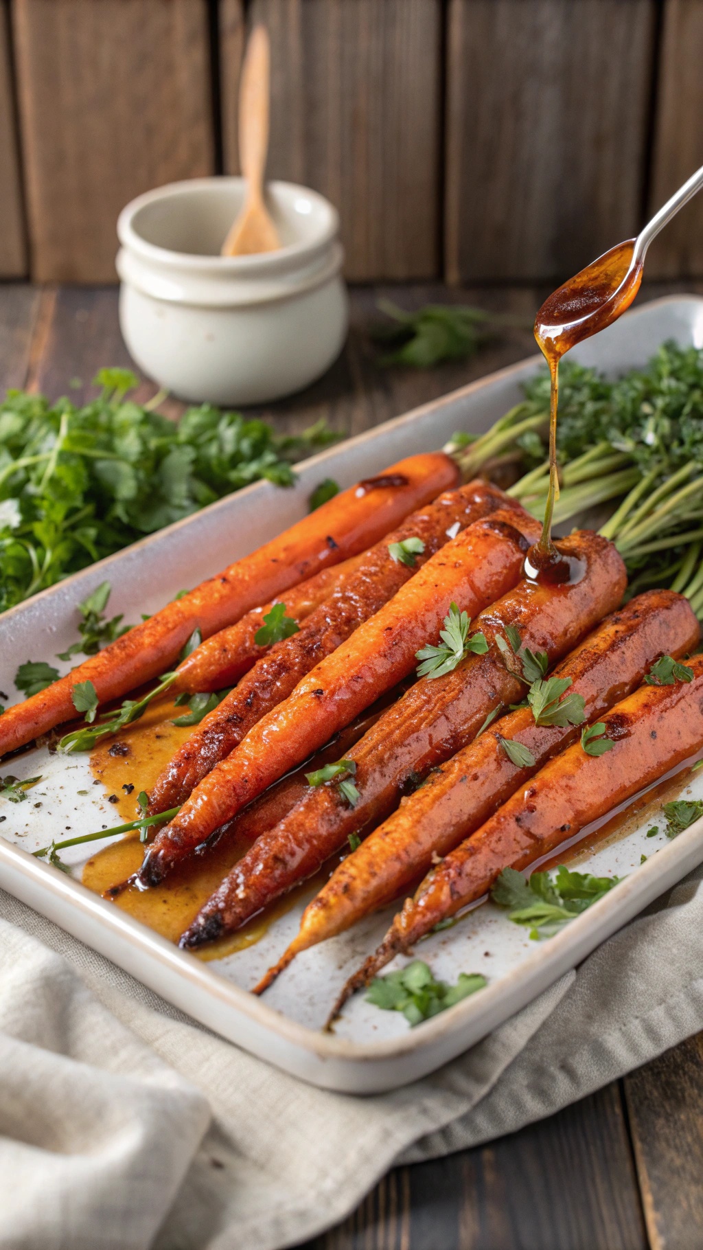 Honey roasted carrots drizzled with honey and garnished with parsley on a white platter.