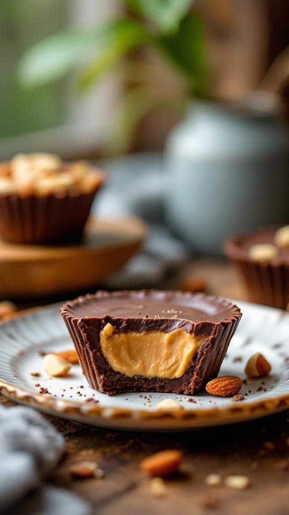 Savory Almond Butter Chocolate Cups with a bite taken out, revealing creamy almond butter filling.
