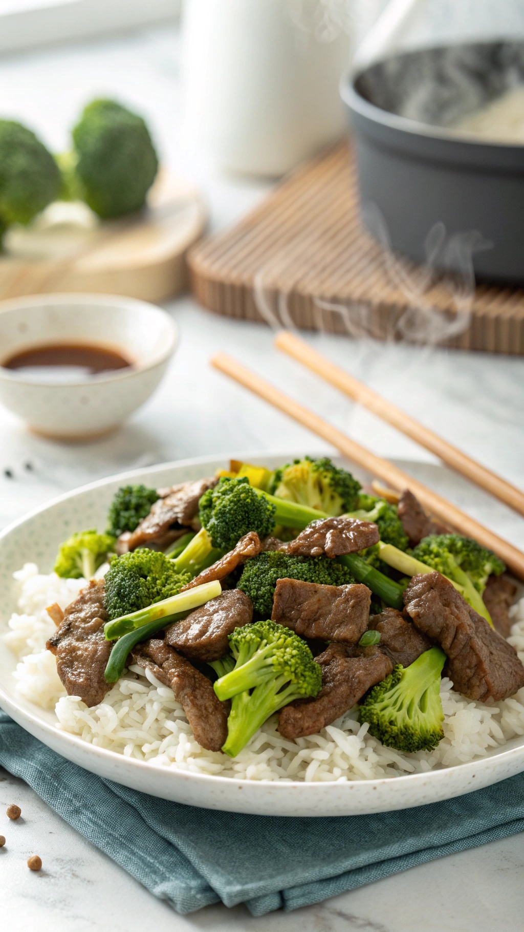 A plate of beef and broccoli stir-fry served over rice, with chopsticks and a bowl of sauce in the background.