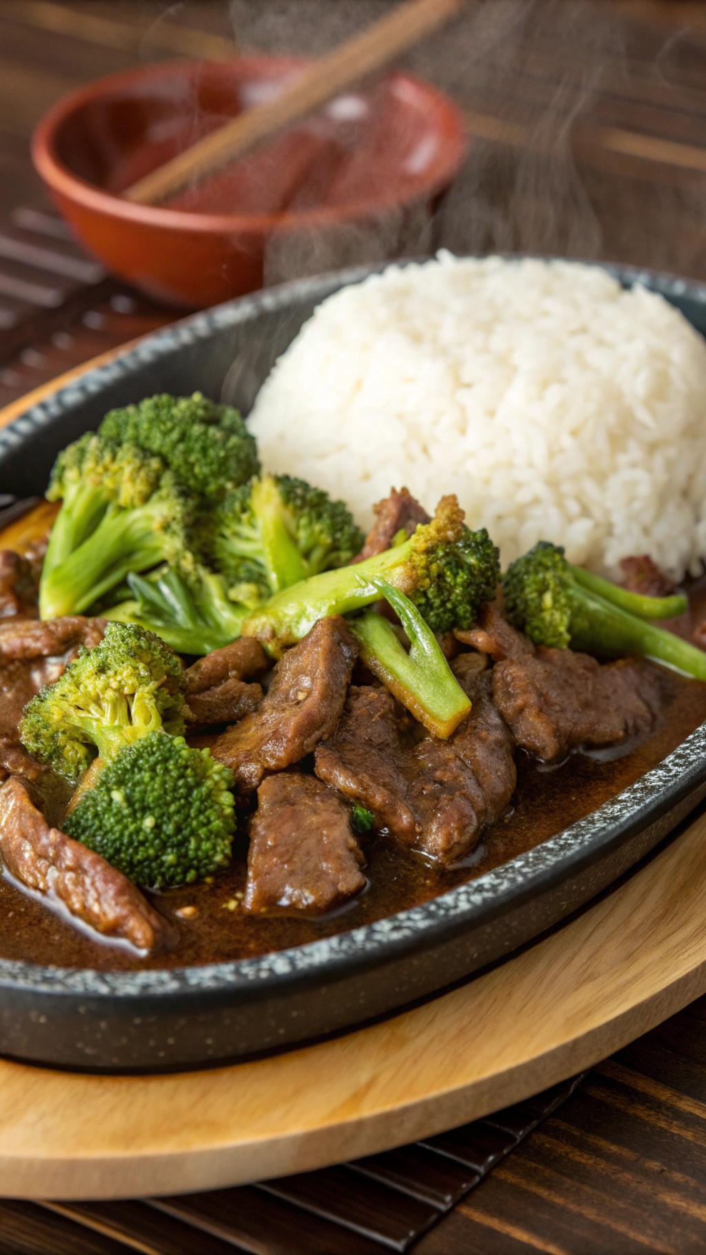 A plate of beef and broccoli served with white rice, showcasing vibrant colors and steam rising from the dish.