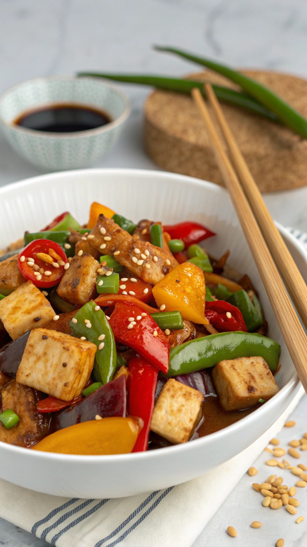 A colorful bowl of eggplant stir-fry with tofu, bell peppers, and sesame seeds.