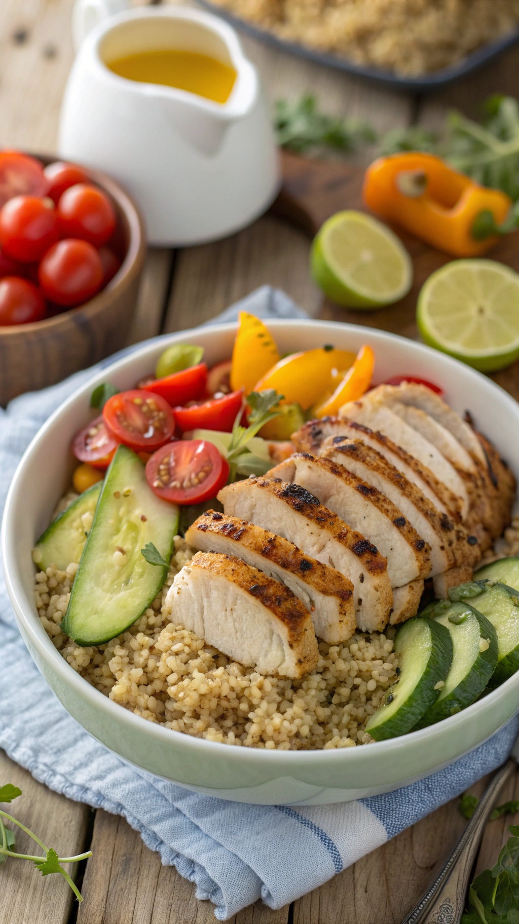 A colorful grilled chicken and quinoa bowl with fresh vegetables.