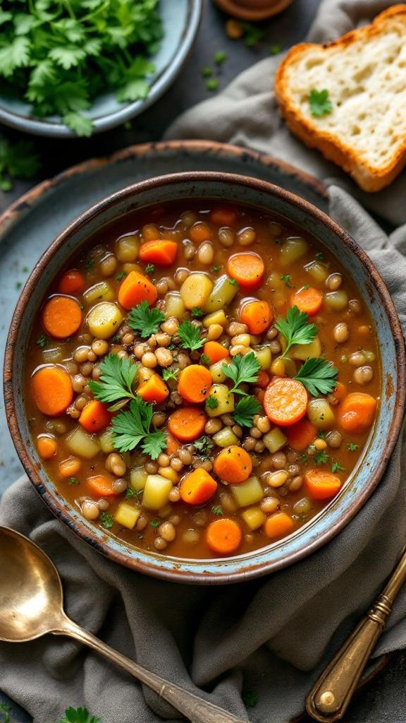 A bowl of lentil soup with carrots and parsley, served with bread on the side.