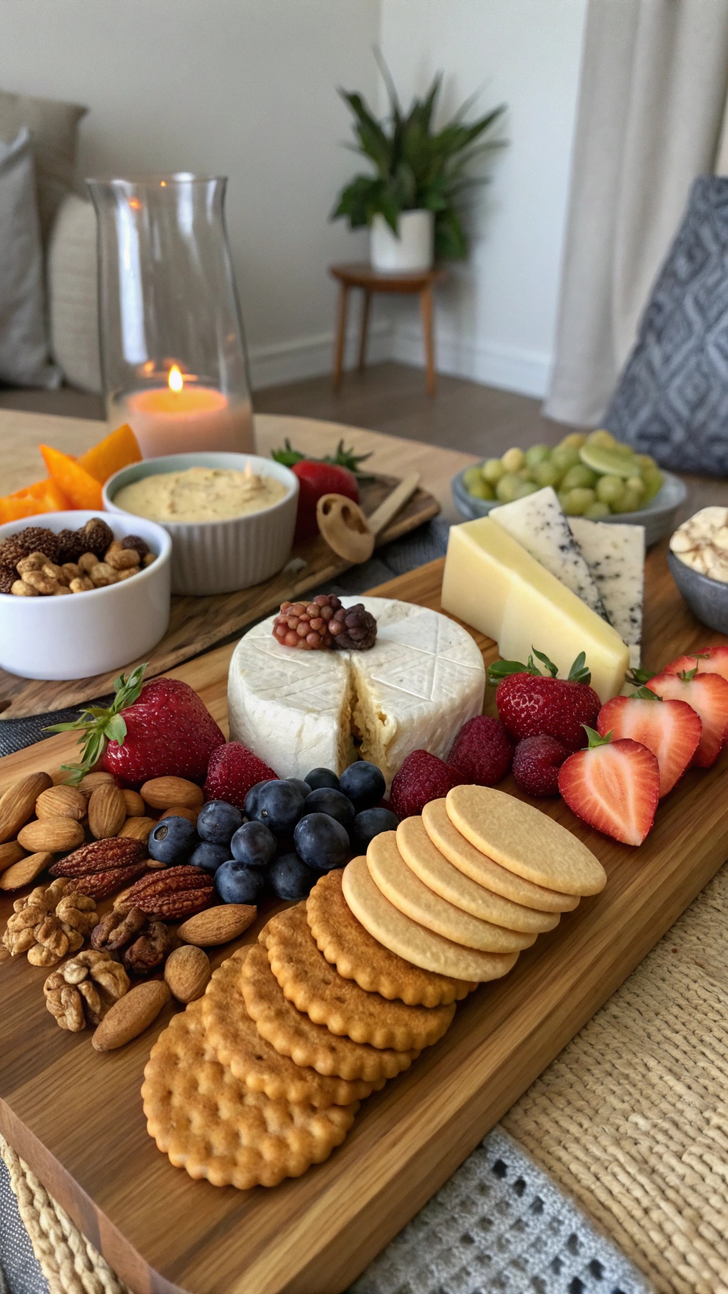 A beautifully arranged vegan cheese platter with fruits, nuts, and crackers.