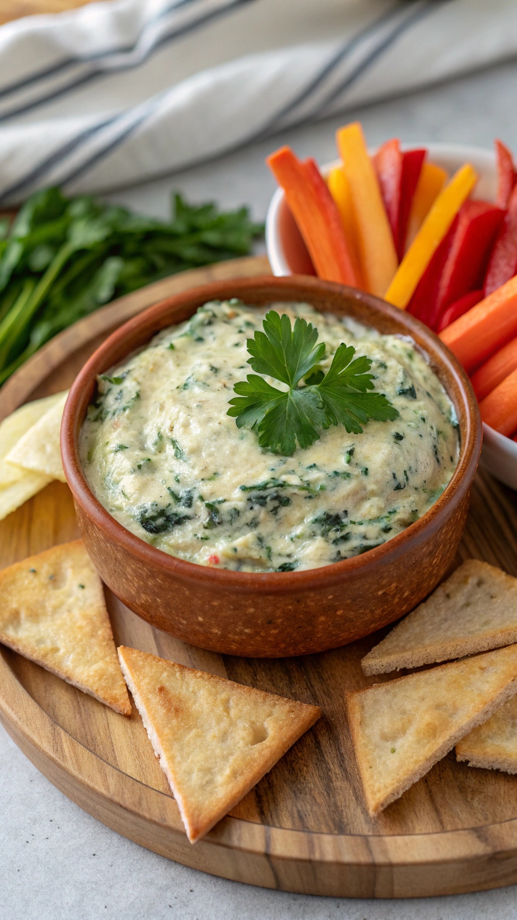 A bowl of vegan spinach artichoke dip with pita chips and colorful vegetable sticks.