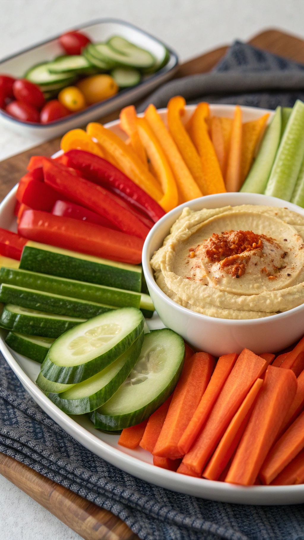 A colorful platter of veggie sticks including carrots, cucumbers, and bell peppers, served with a bowl of hummus.