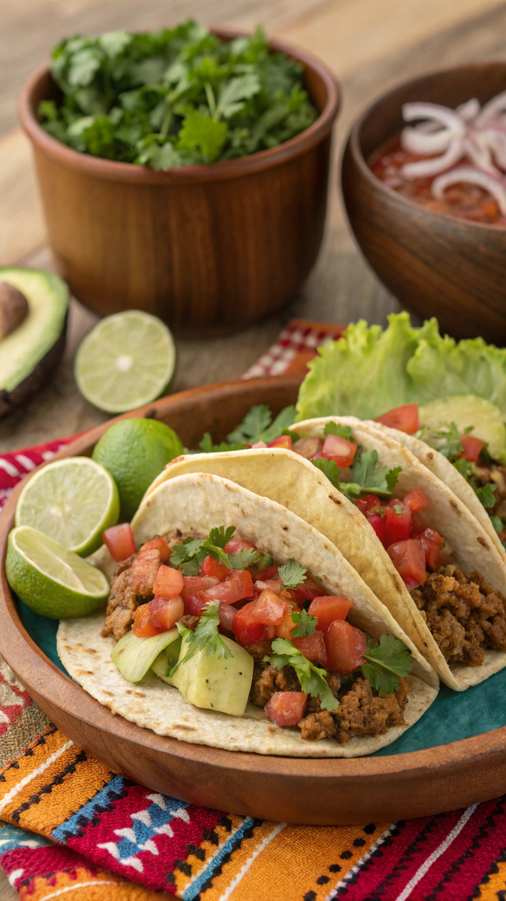 A plate of ground turkey tacos topped with tomatoes and cilantro, served with lime and avocado.