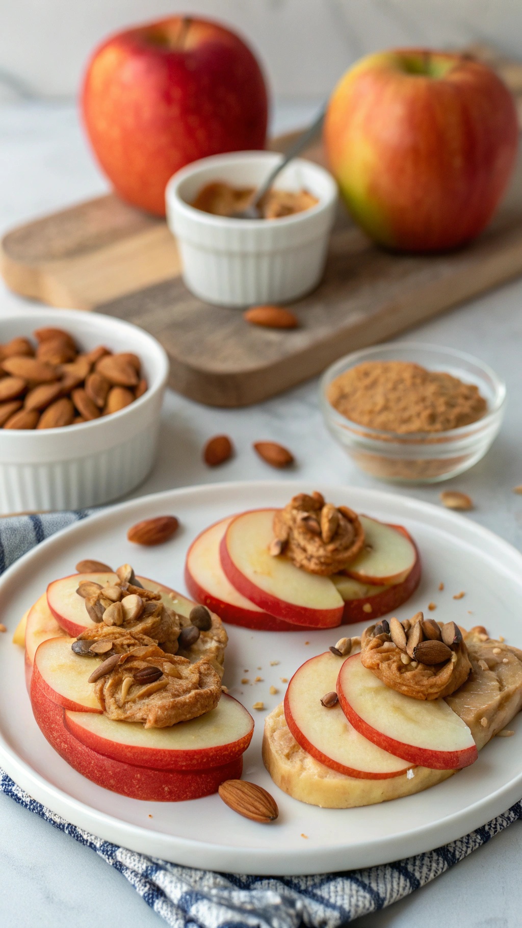 Apple slices topped with almond butter, almonds, and pumpkin seeds on a plate.