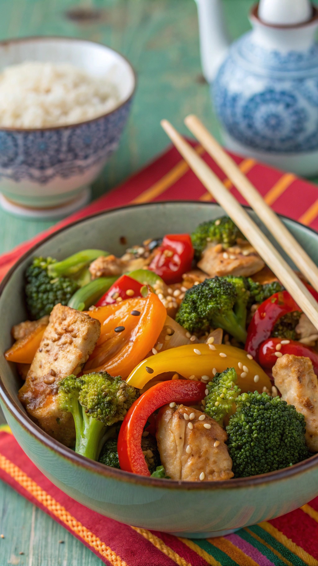 A bowl of honey garlic chicken stir-fry with colorful vegetables and rice.