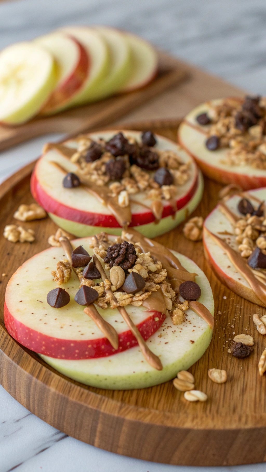 Sliced apples topped with almond butter, granola, and chocolate chips on a wooden plate.