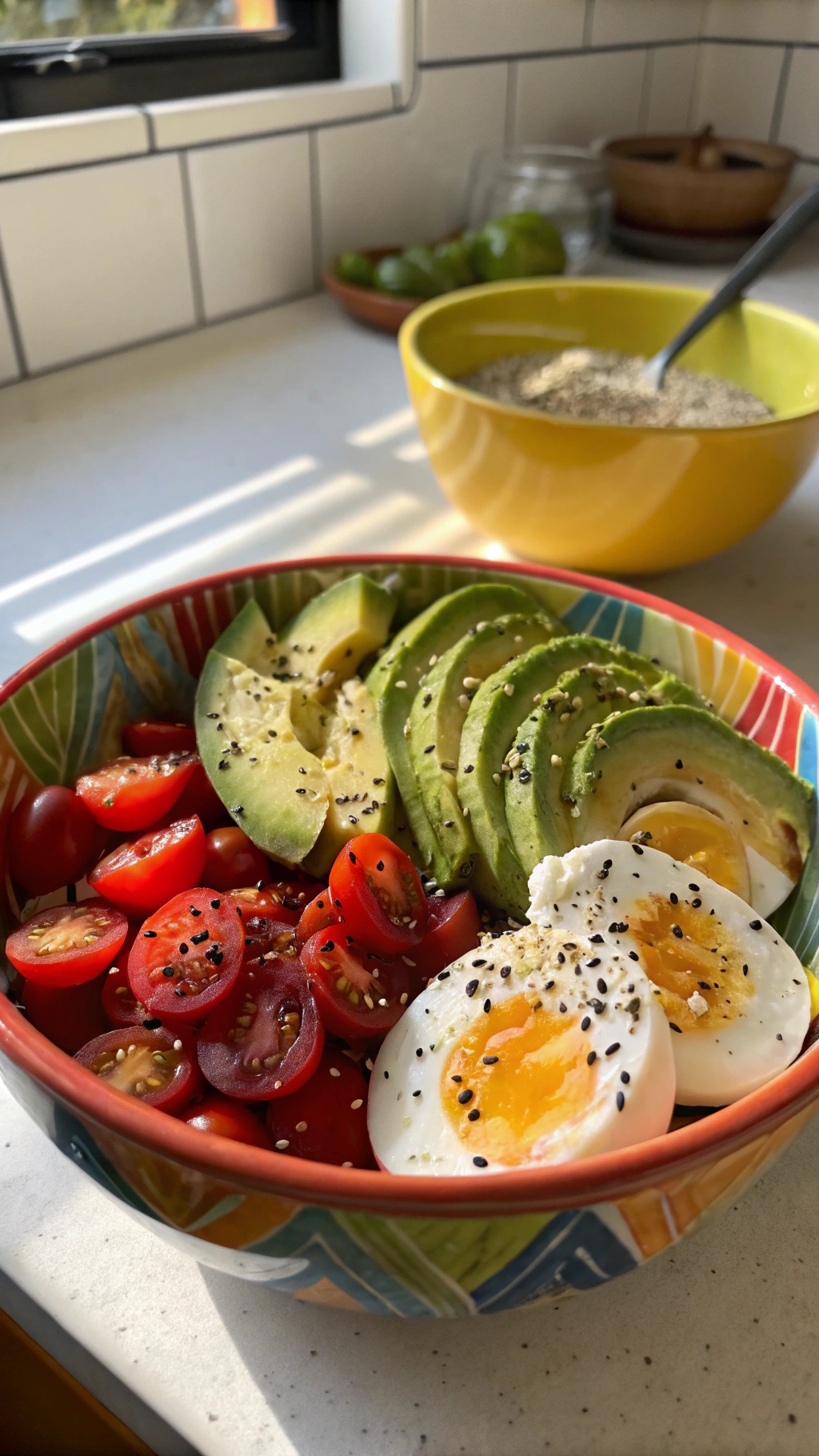 A colorful breakfast bowl with sliced avocado, cherry tomatoes, and soft-boiled eggs, garnished with sesame seeds.