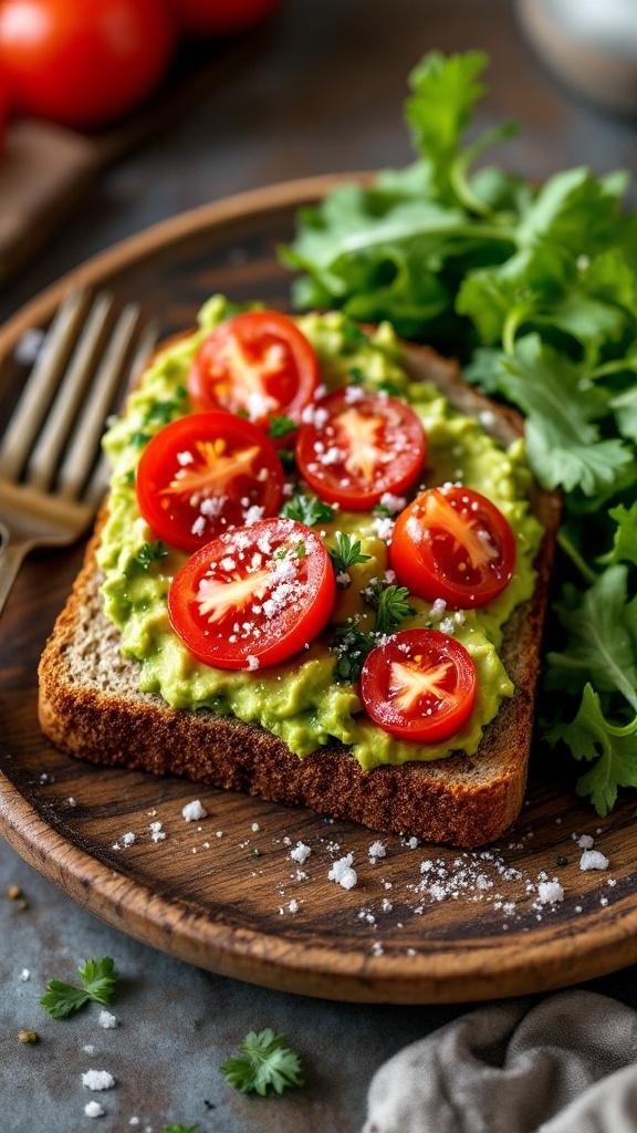 A slice of whole grain avocado toast topped with cherry tomatoes and herbs on a wooden plate.