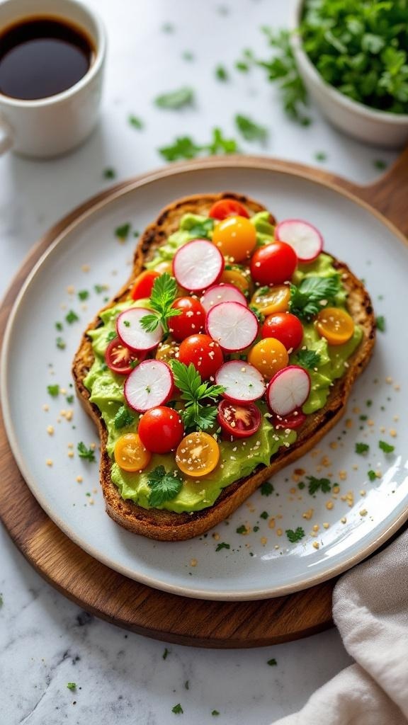 A plate of avocado toast topped with cherry tomatoes, radishes, and herbs, served with a cup of coffee.