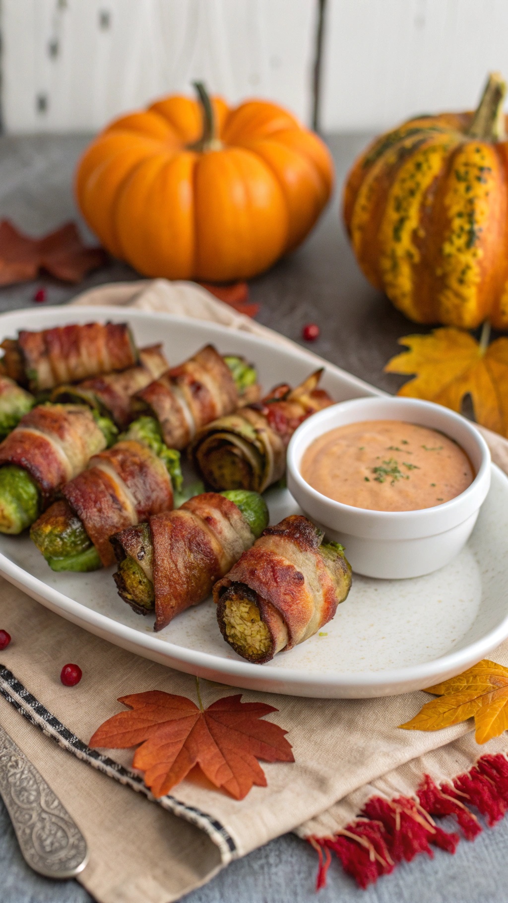 A plate of bacon-wrapped Brussels sprouts with a dipping sauce, surrounded by autumn leaves and pumpkins.