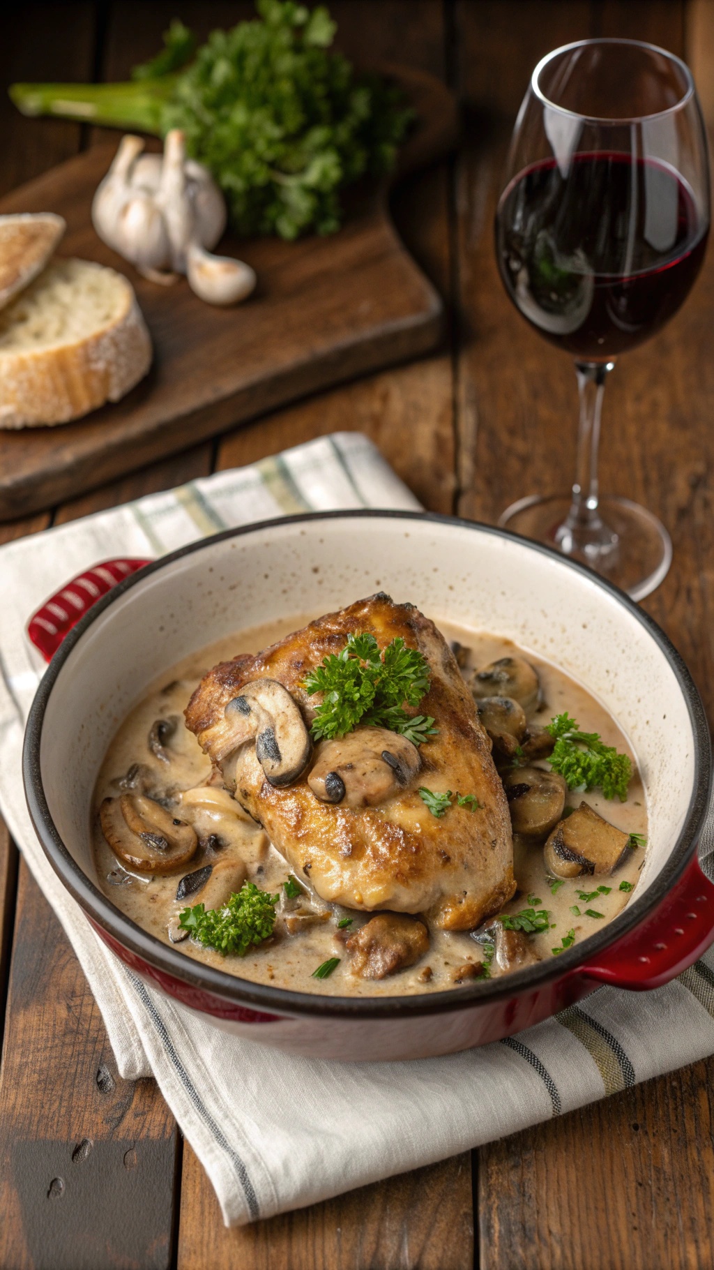 A delicious baked chicken breast with mushroom cream sauce, garnished with parsley, served in a red dish on a wooden table.