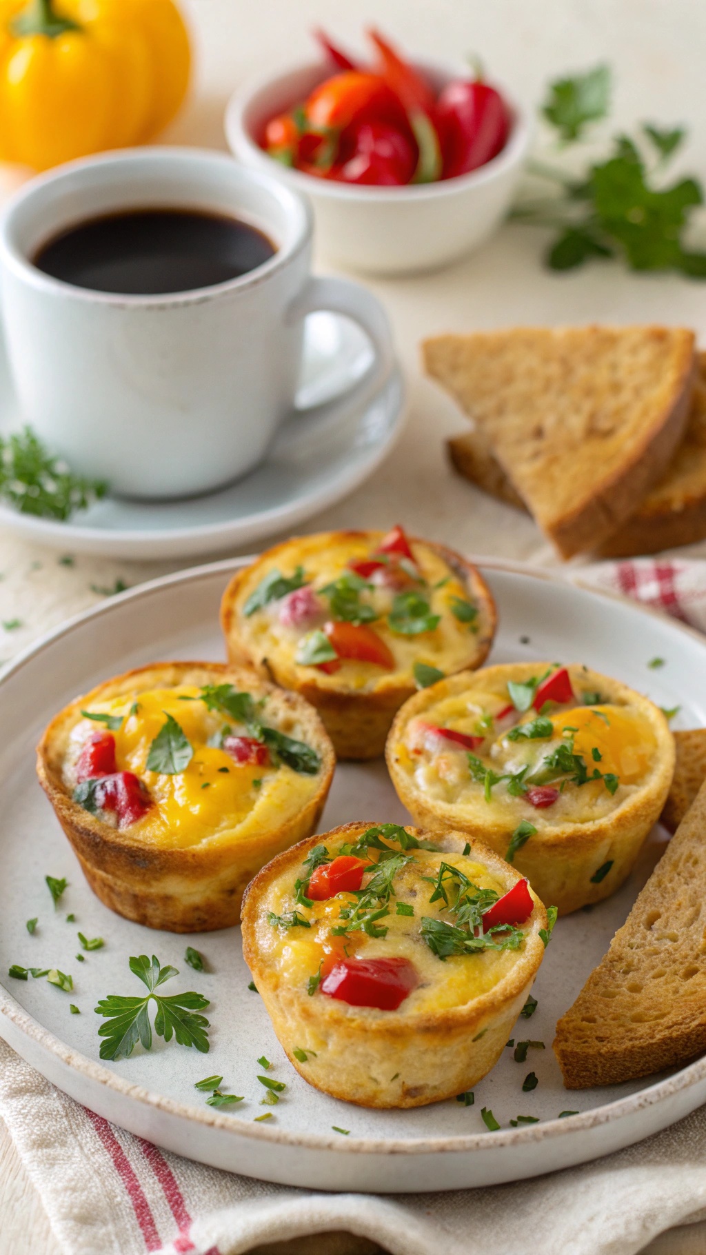 Savory baked egg cups with veggies on a plate, accompanied by a cup of coffee and slices of bread.