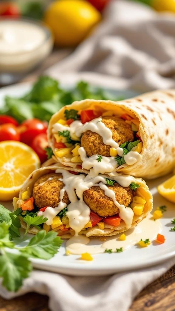Savory baked falafel wraps filled with fresh vegetables and drizzled with sauce.