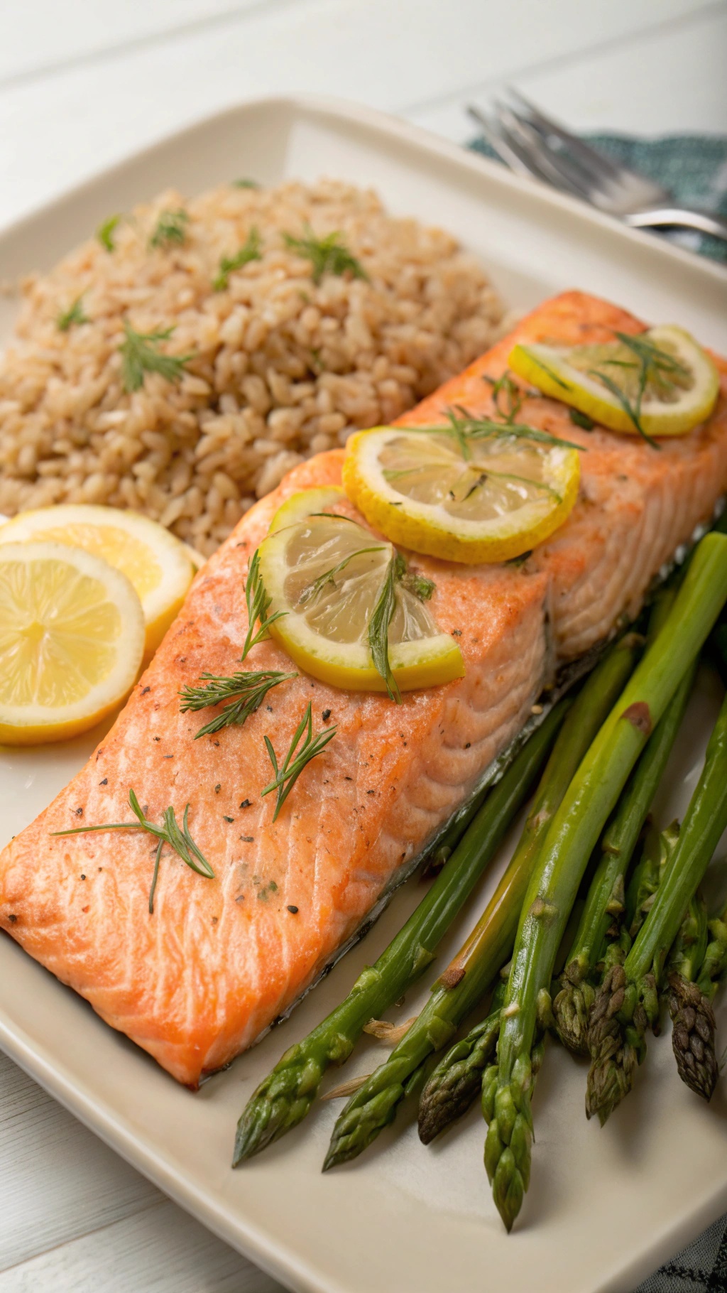 Baked lemon herb salmon with asparagus and brown rice on a plate.