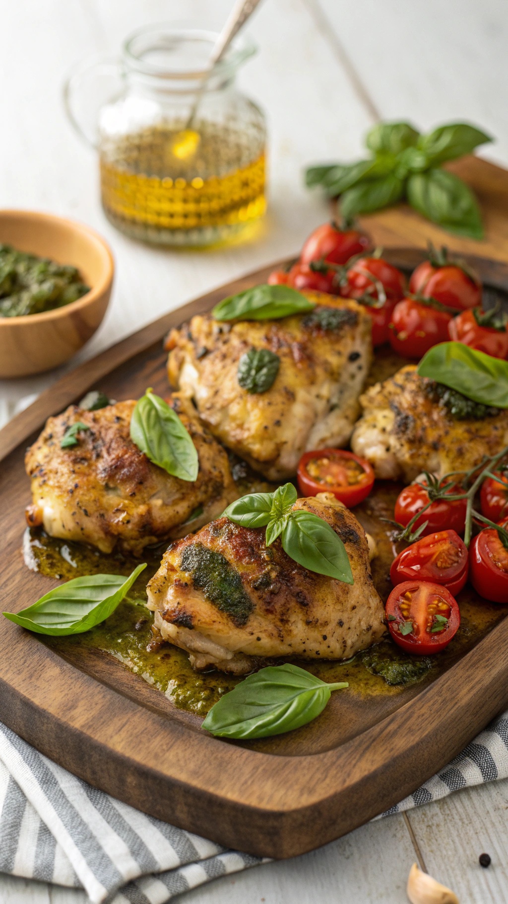Baked pesto chicken thighs with cherry tomatoes and fresh basil on a wooden platter.