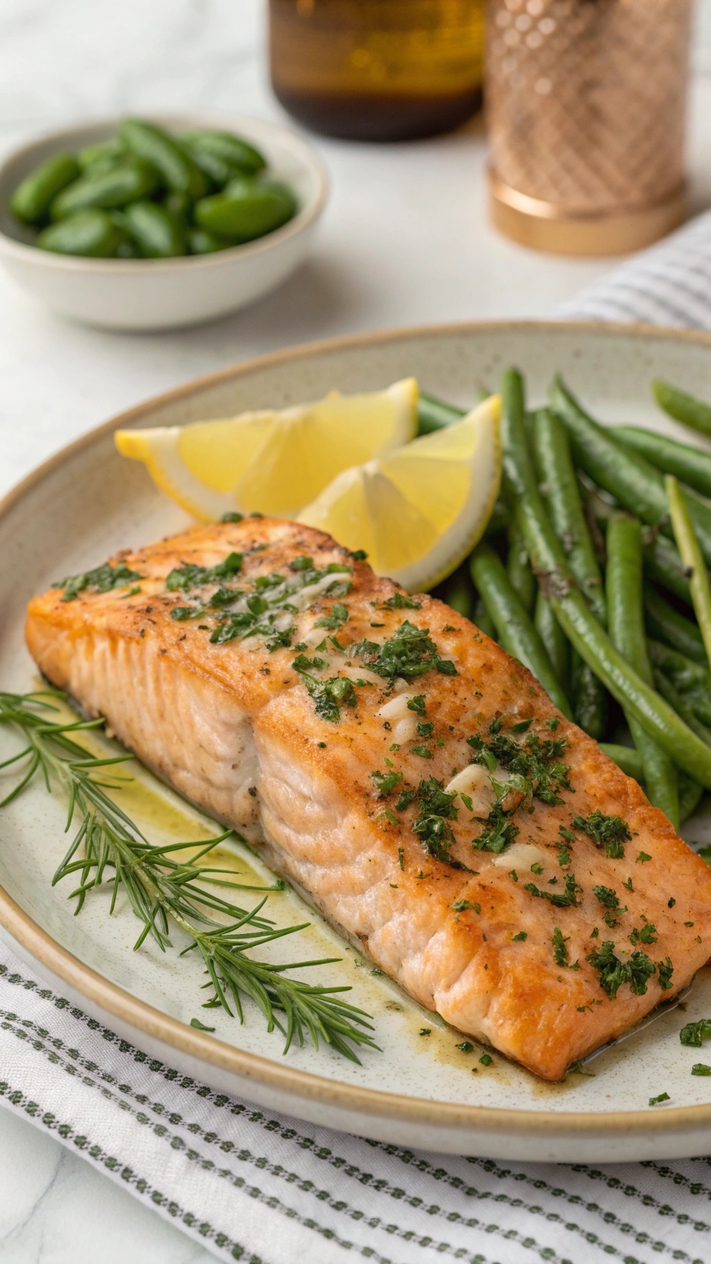 Baked salmon fillet with garlic and dill, served with green beans and lemon slices.