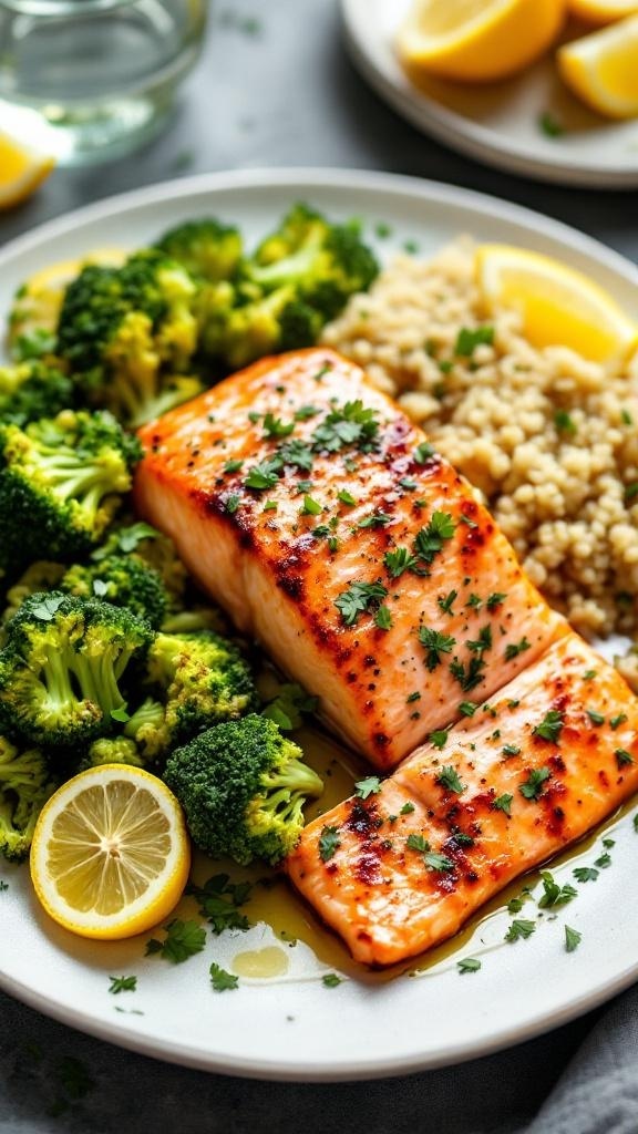 Baked salmon fillet with broccoli and couscous on a plate, garnished with lemon slices and herbs.