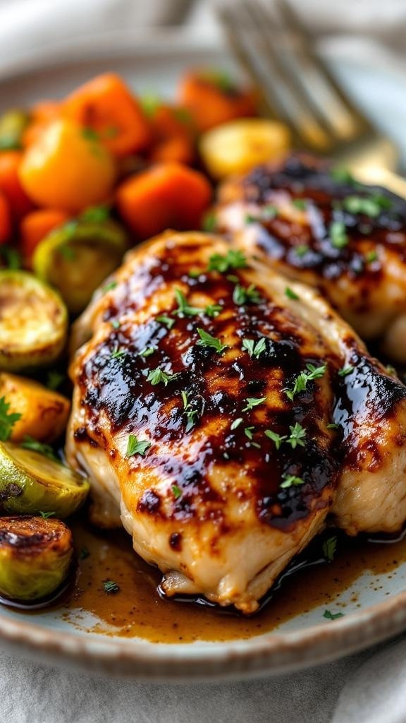 Savory balsamic glazed chicken thighs served with roasted vegetables.