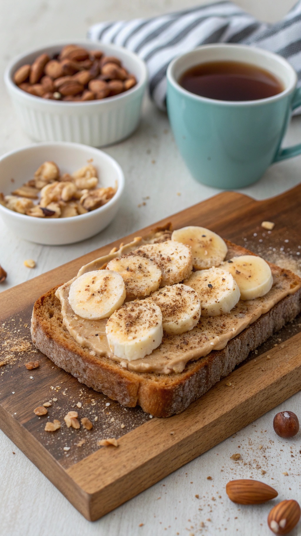 Savory banana and nut butter toast topped with sliced bananas and cinnamon, served with a cup of tea and bowls of nuts.
