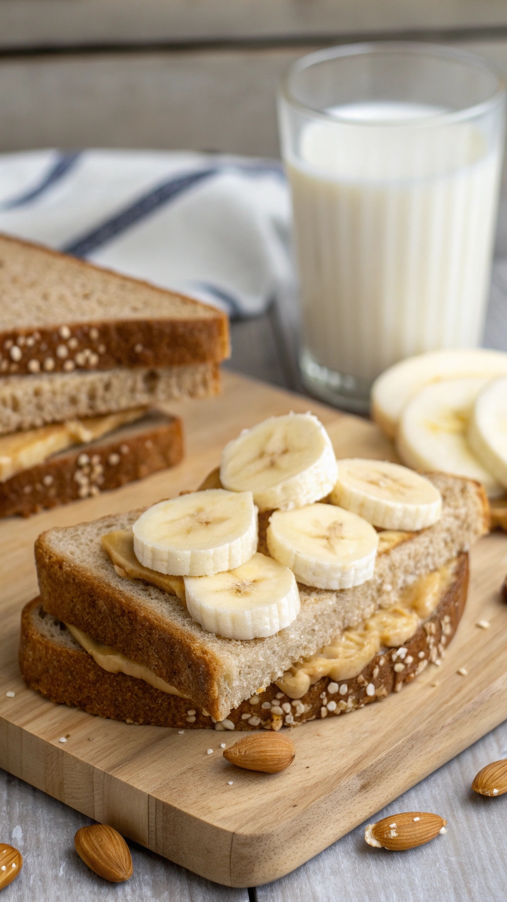Savory banana and peanut butter sandwich on whole grain bread with sliced bananas and a glass of milk in the background.