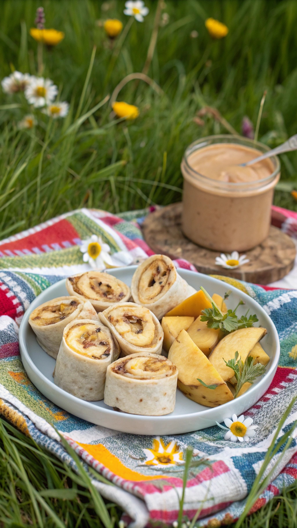 Savory banana and peanut butter wraps on a plate with fresh fruit and a jar of peanut butter