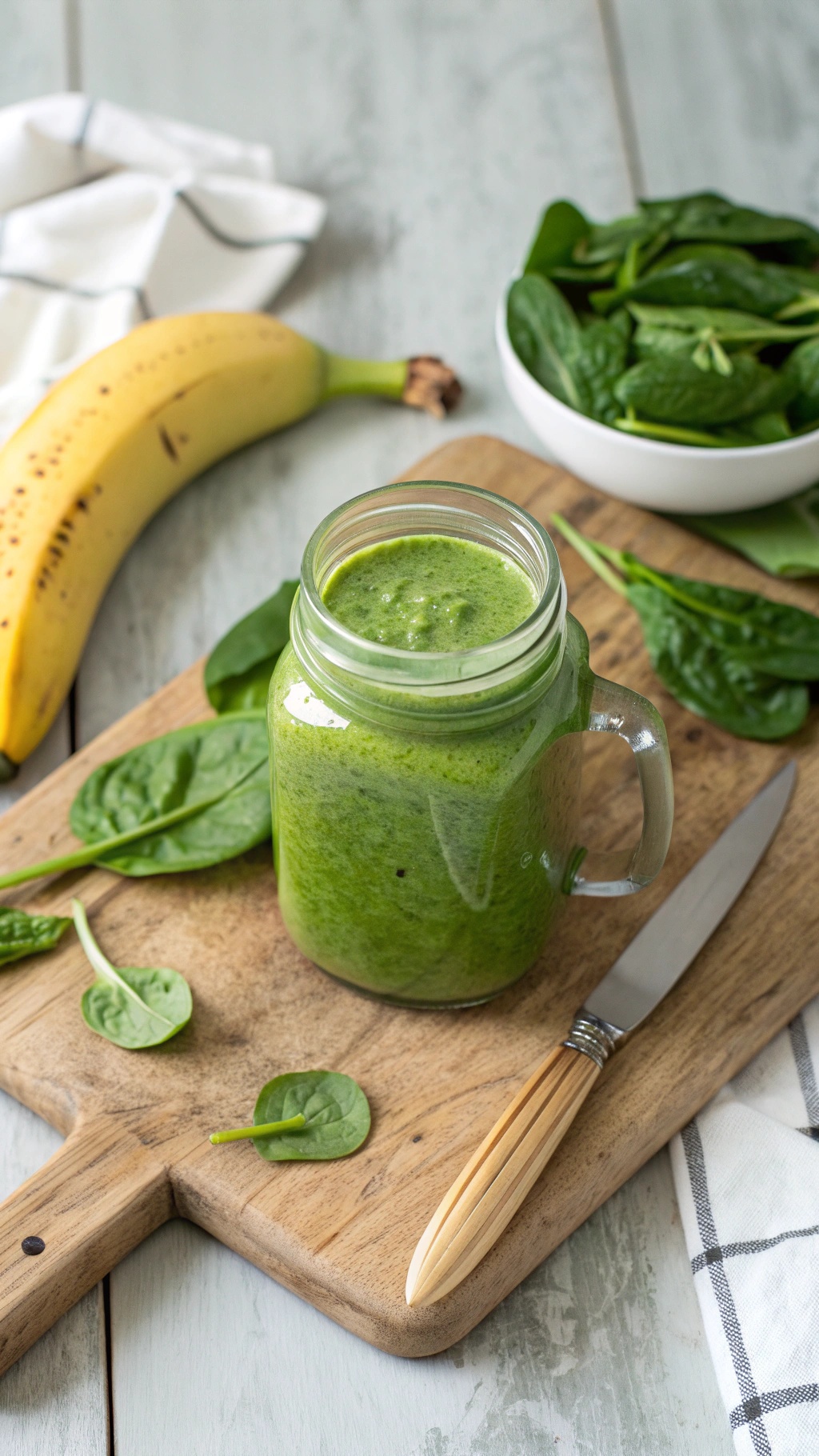 A refreshing green smoothie made with banana and spinach, placed on a wooden cutting board with fresh spinach leaves and a banana beside it.