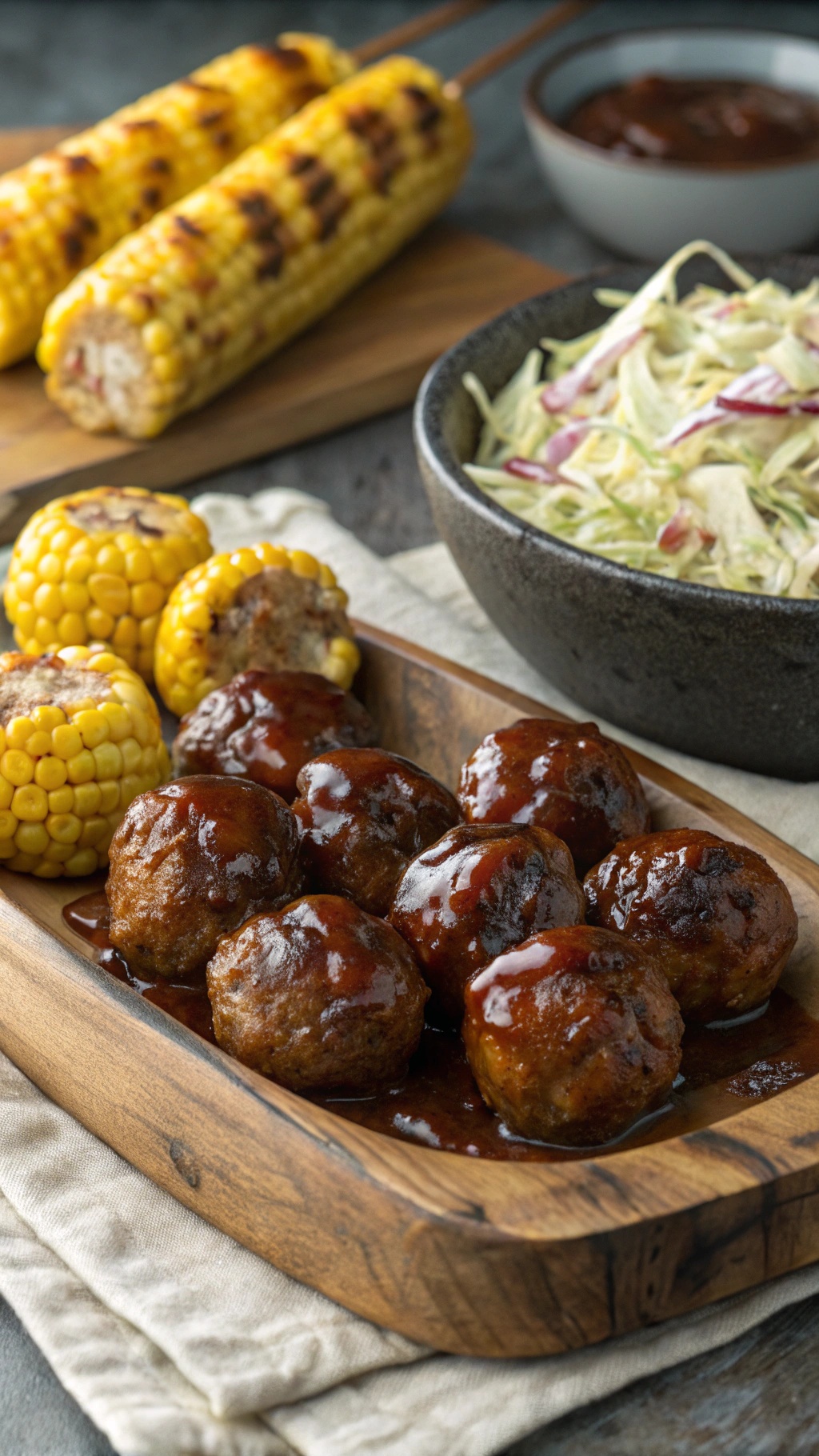 A wooden platter with BBQ meatballs drizzled in sauce, grilled corn, and a bowl of coleslaw.
