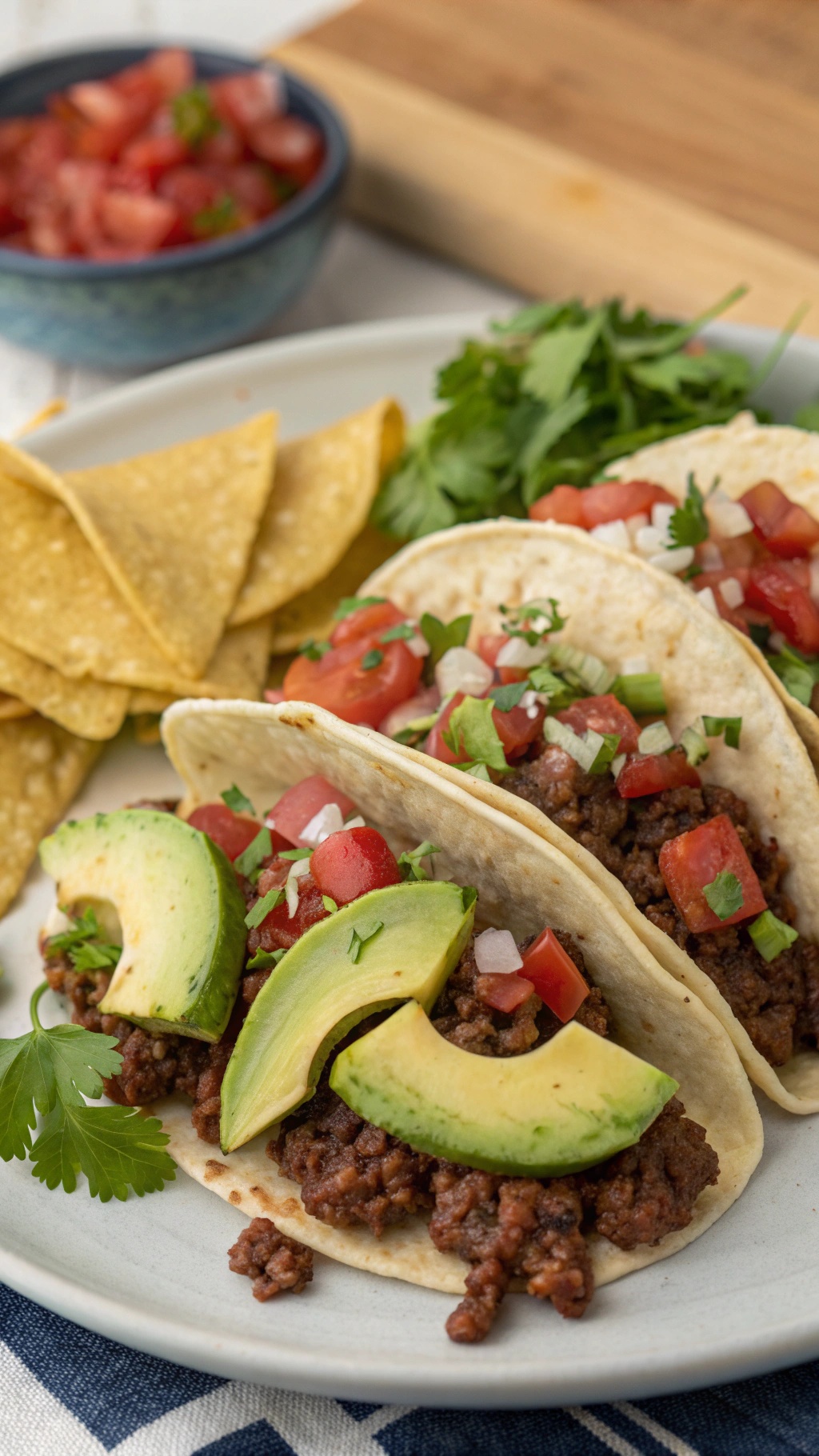 Plate of savory beef and avocado tacos with tortilla chips and fresh salsa