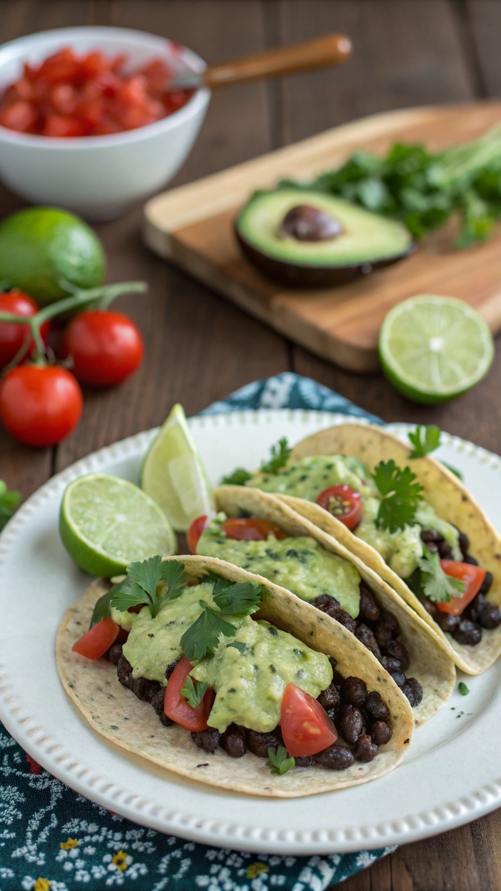 Three black bean tacos topped with avocado lime sauce, tomatoes, and cilantro, served with lime wedges.