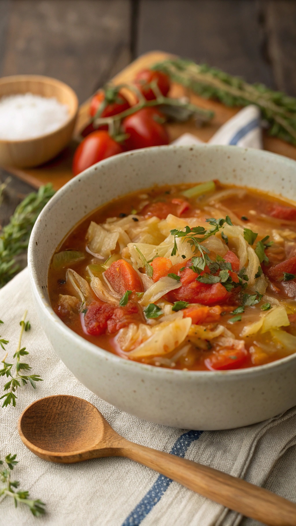 A bowl of savory cabbage soup with tomatoes and herbs, served with a wooden spoon.