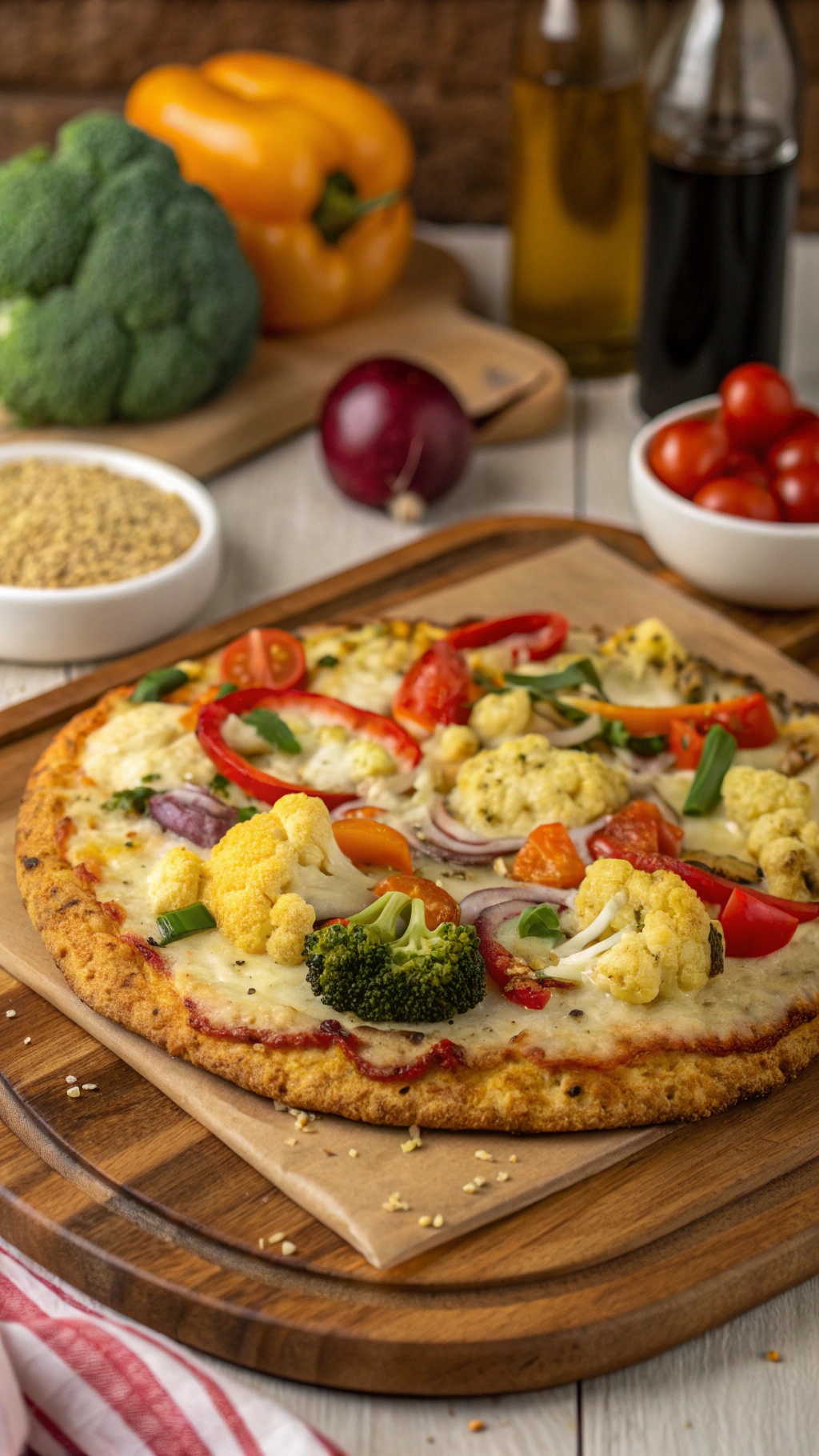 A delicious cauliflower pizza crust topped with colorful vegetables, showcasing a healthy alternative to traditional pizza.