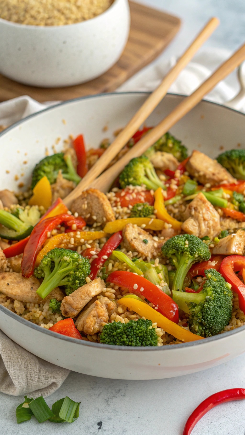 A colorful cauliflower rice stir-fry with broccoli, bell peppers, and chicken, garnished with green onions and sesame seeds.