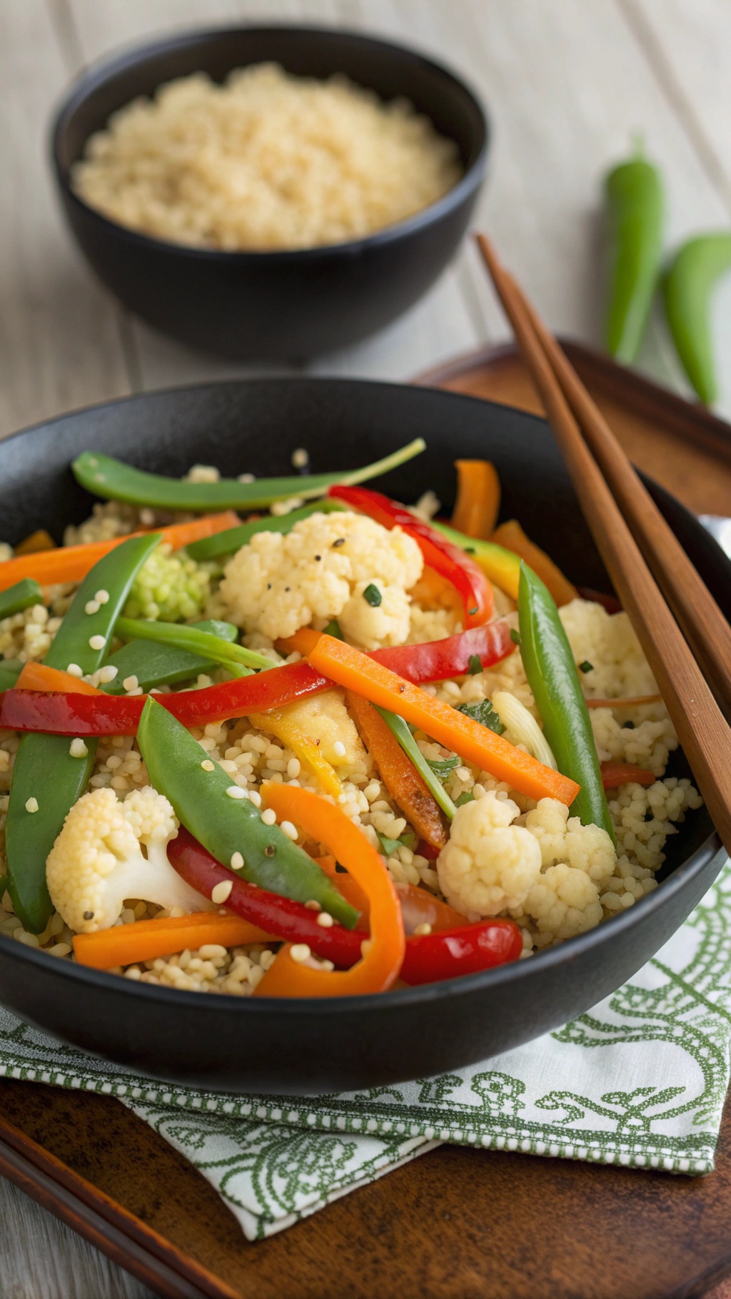 A colorful bowl of cauliflower rice stir-fry with bell peppers and snap peas