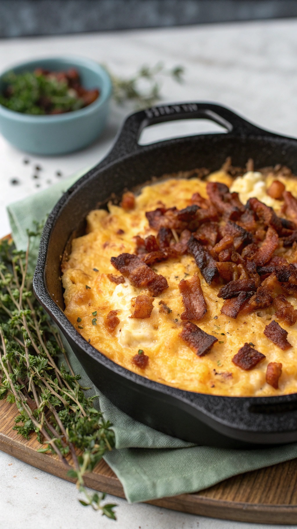 A delicious keto mac and cheese topped with crispy bacon, served in a cast iron skillet.