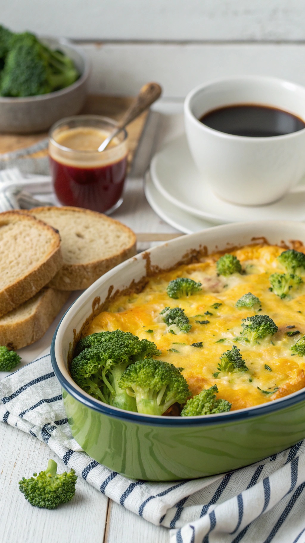 A savory breakfast casserole with broccoli and cheddar cheese, served with slices of bread and coffee.
