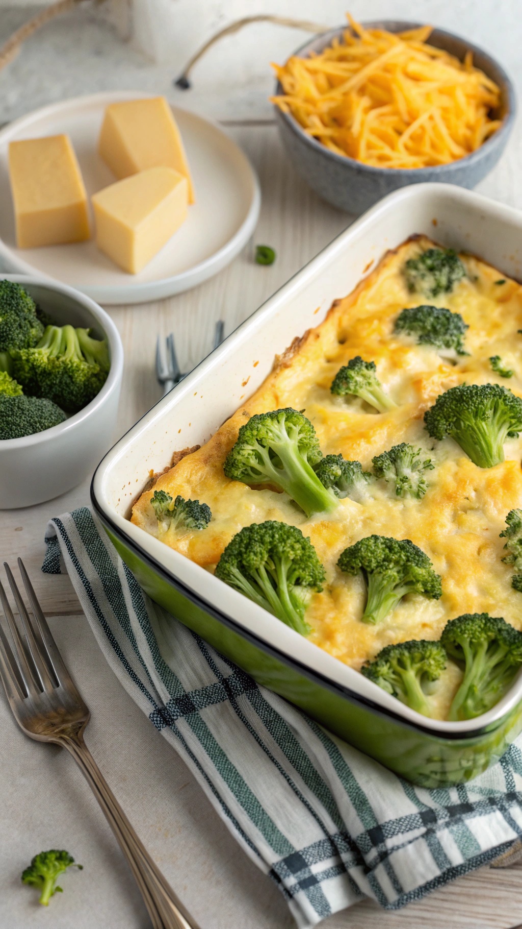 Savory cheese and broccoli casserole with fresh broccoli and cheese blocks on the side.