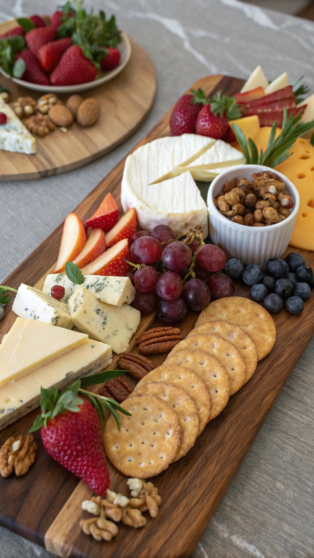 A beautifully arranged cheese and crackers platter featuring various cheeses, fresh fruits, nuts, and crackers.